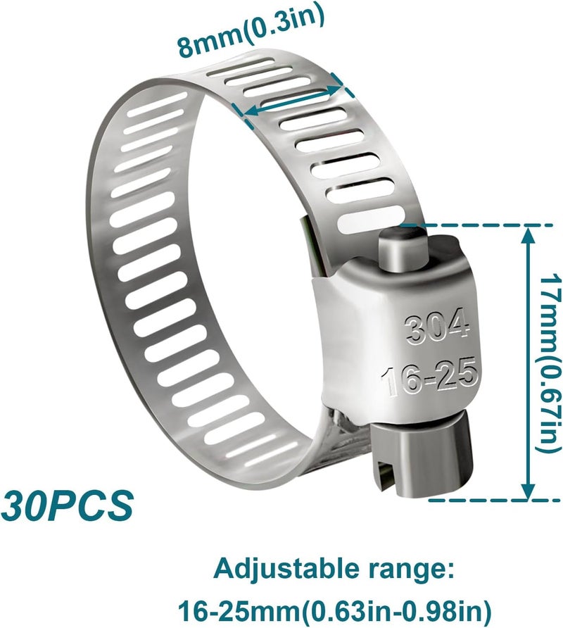 SDZONGES Hose Clamp, 30PCS Fuel Line Clamp, 5/8 inch to 1 inch Radiator Hose Clamps, Hose Clamps Stainless Steel(16-25mm). - Image 2